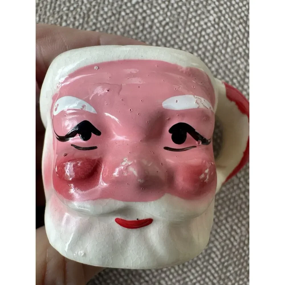 Vintage Pink Face Santa Mug 1.75” Christmas Figurine Ceramic MCM Collectible 50s